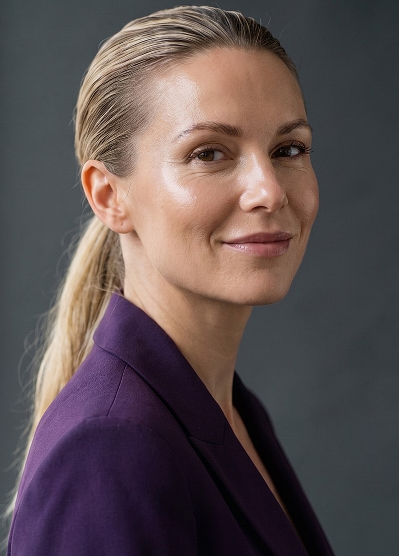 Smiling professional woman in a purple blazer.