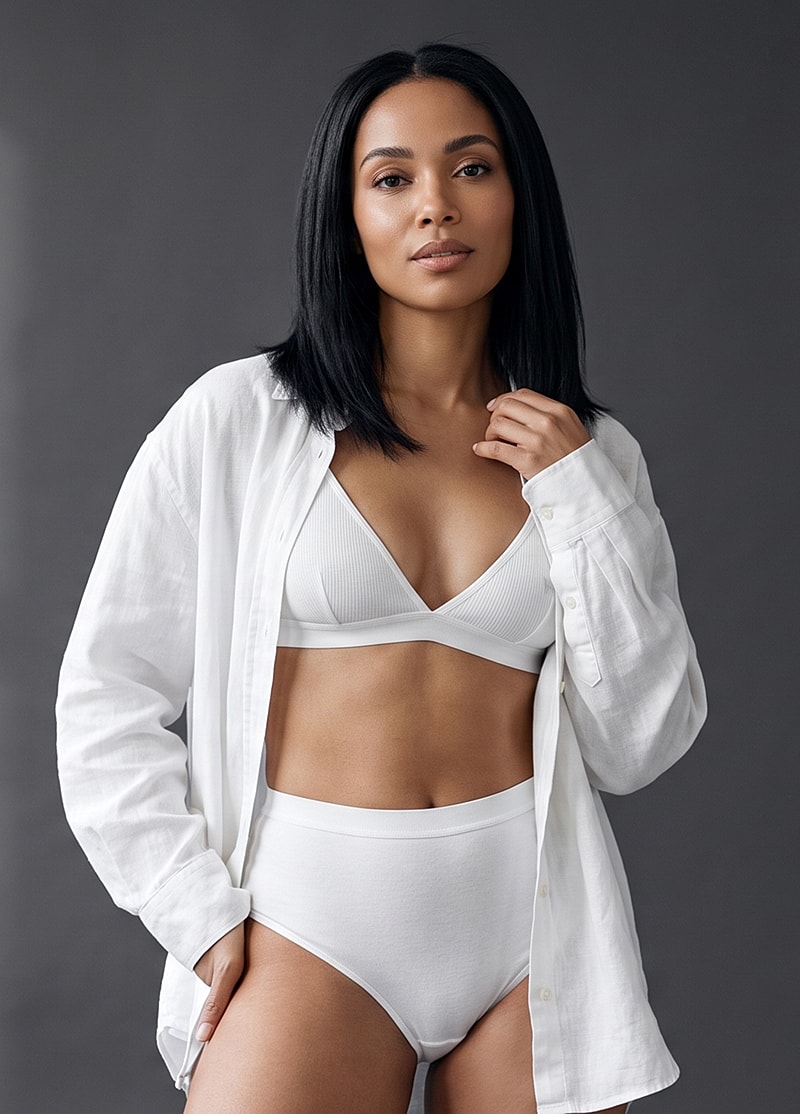 Model in white lingerie and shirt, neutral background.